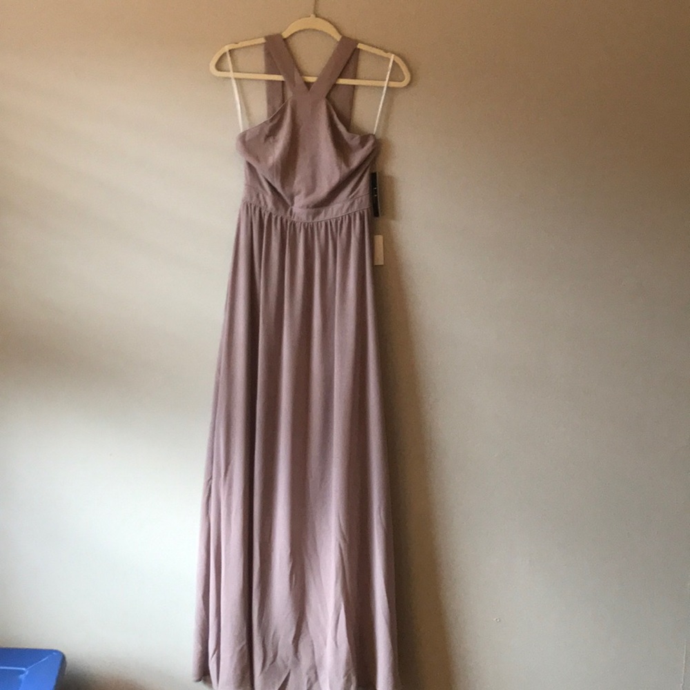 - Lulu’s Air Of Romance Taupe Maxi Dress